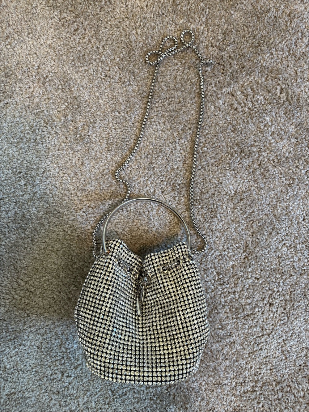 Women's Silver Rhinestone Drawstring Bucket Bag